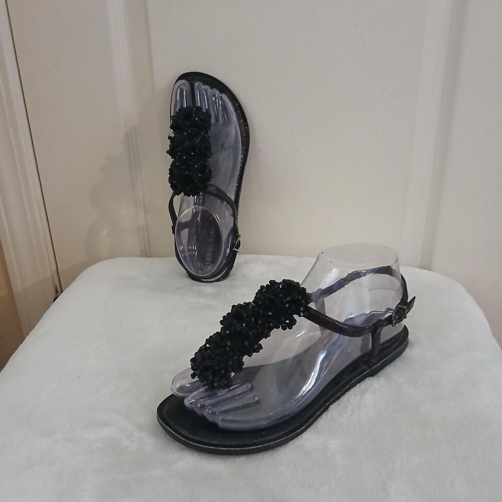 Y2K Vintage Mcbling Gianni Bini Black Beaded Cluster Flat Thong Sandals Festival